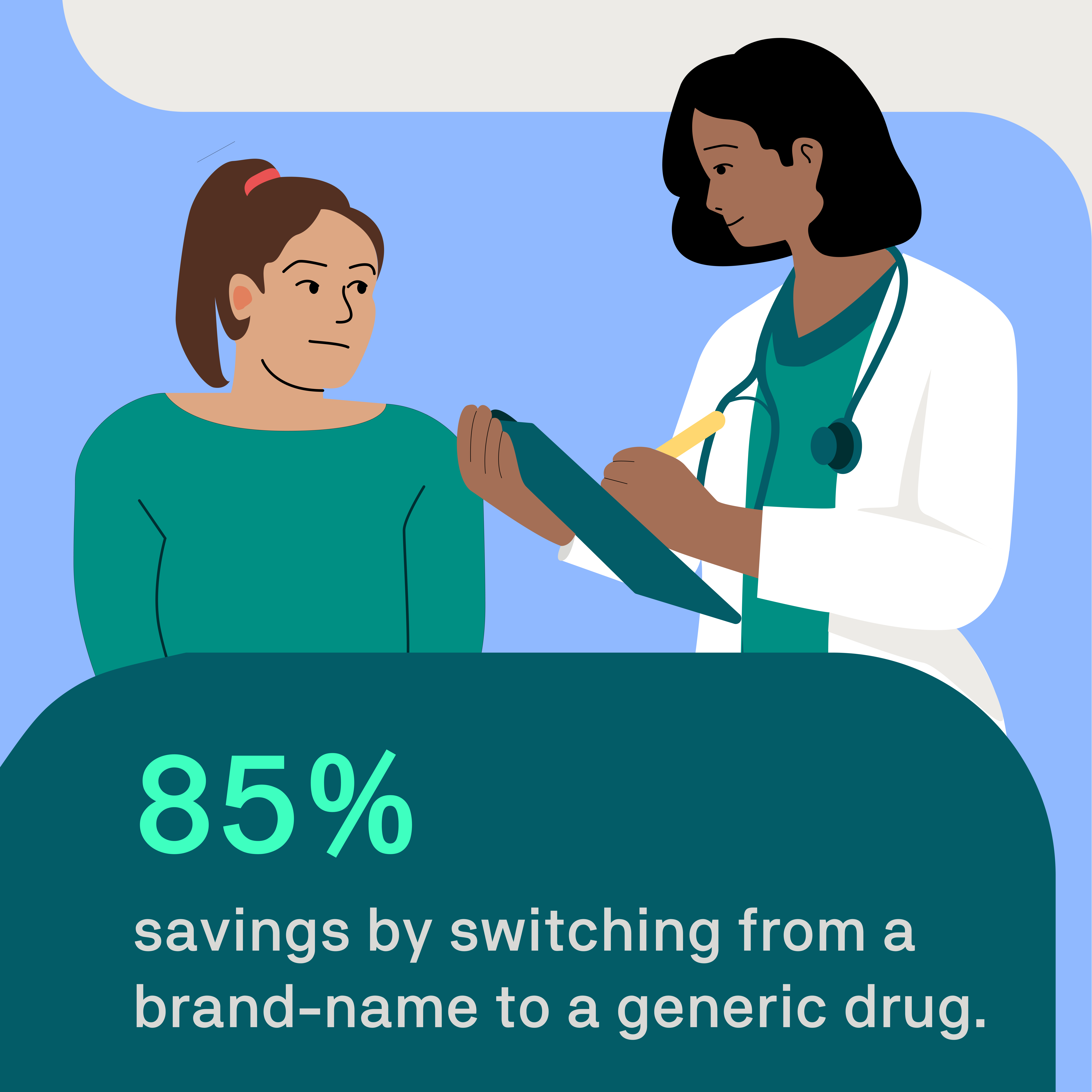 Illustration of a doctor and patient discussing generic medication alternatives to save costs.